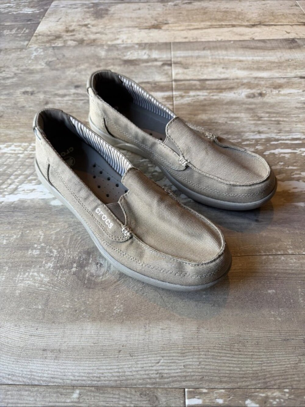 CROCS Walu II Canvas Loafer Boat Shoes 14391 Khaki Beige Stucco Women’s 10
